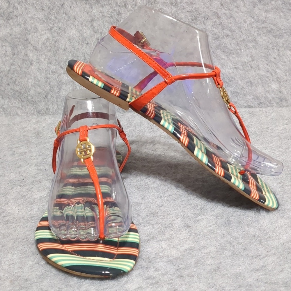 Tory Burch Harbanero Pepper Bauer Stripe Emmy Patent Leather T-Strap Flat Sandal - Picture 3 of 11